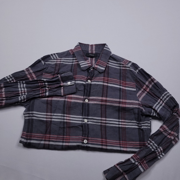 Theory Rammy Mantra Linen-Cotton Shirt Button Up Preppy Designer Plaid Small - Picture 2 of 9